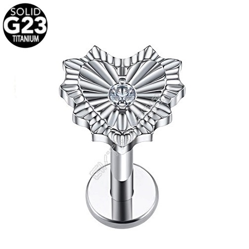 Piercing Titânio G23 Polido Labret Coração Estriado Zircônia Central